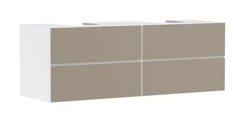 Waschtischunterschrank in Mattweiß mit vier Schubkästen. Ergonomische Aussparung an der Oberseite, passend für zwei Aufsatzwaschtische. Design von Hansgrohe.